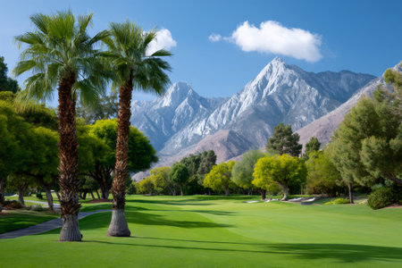 Lush green golf course with palm trees and a view of the snow-capped mountain range under blue skyの素材