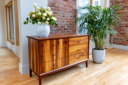 Wooden dresser with fresh white flowers and a large green plant enhancing modern home decorの素材