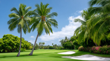 Lush green fairways with tall palm trees and bunker sand traps under a blue skyの素材