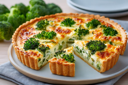 Homemade broccoli quiche with a golden crust and creamy filling, served on a light plateの素材