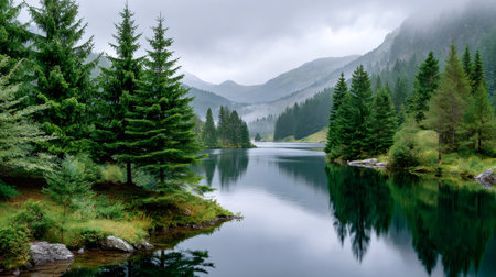Mountain lake with pine trees reflecting on calm water, surrounded by forest and misty peaksの素材