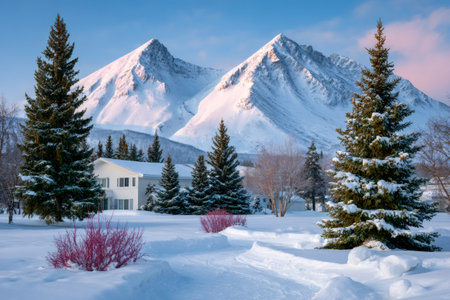Snow covered house and pine trees with towering mountains during winterの素材