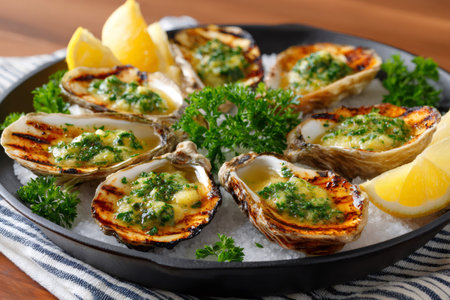 Grilled oysters served on rock salt with lemon and green herbsの素材