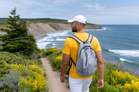 Man with backpack hiking a scenic coastal trail overlooking the oceanの素材