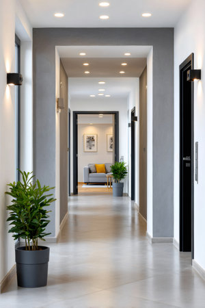 Long modern hallway with sophisticated interior lighting leading to a living roomの素材