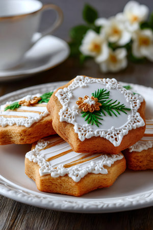 Decorated star cookies on a white plate with tea cup and flowers in the backgroundの素材
