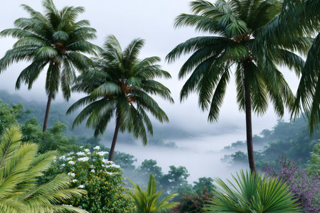 Palm trees and tropical plants fill an exotic jungle landscape covered in fogの素材