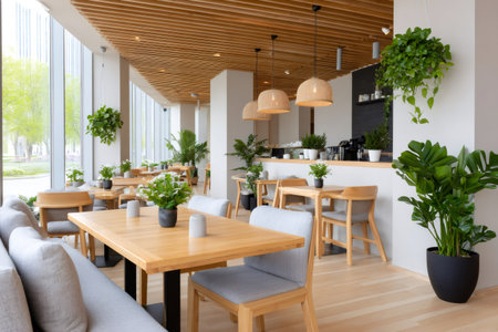 Stylish, minimalist restaurant interior featuring wood furniture, lush plants, and natural lightの素材