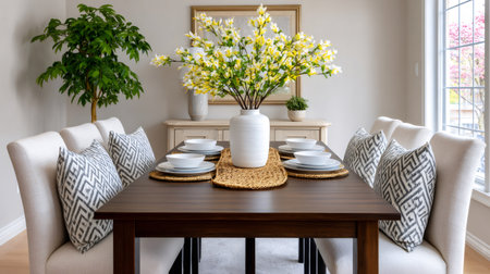 Dining room showing a set table, upholstered chairs, decorative pillows, and a floral vaseの素材