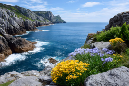 Rugged cliffs and wildflowers creating a scenic ocean coastline landscape under blue skyの素材