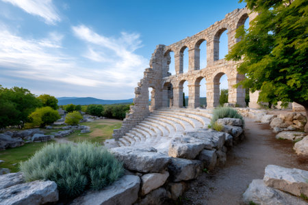 Stone arches and seating of a reconstructed Roman amphitheater under a blue sky, surrounded by green treesの素材
