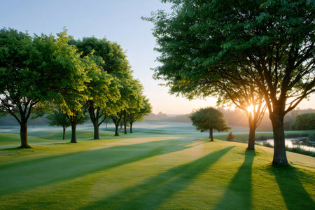Morning sun rays shining through trees on a green golf course, casting long shadowsの素材