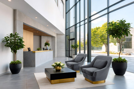 Contemporary corporate building creating a welcoming atmosphere for business and hospitalityの素材