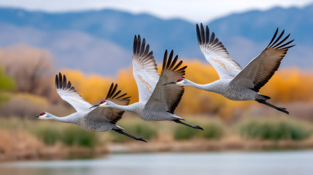 Sandhill cranes flying in succession over a lake with colorful autumn treesの素材