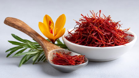 Saffron spice threads in a bowl and spoon with a fresh crocus flower and rosemaryの素材