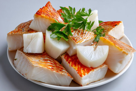 Pieces of red snapper fillet and cod fish with parsley on a white plateの素材