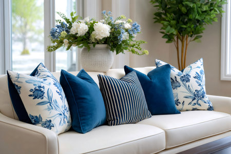 Living room sofa with blue and white patterned pillows and a vase of flowersの素材