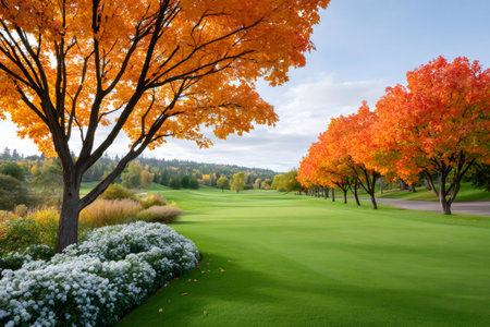 Autumn foliage providing vibrant color along a manicured golf course during the fall seasonの素材