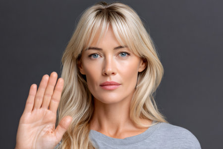 Blonde woman making a stop gesture, indicating refusal or protestの素材