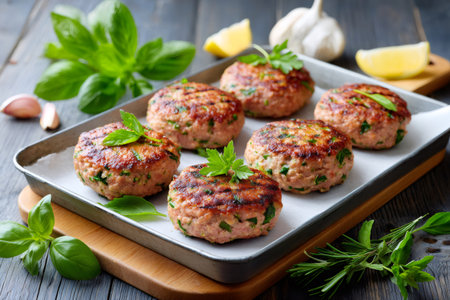 Juicy homemade chicken cutlets sizzling on a baking pan, garnished with fresh basil leavesの素材