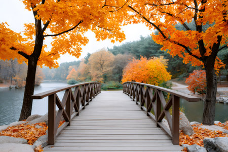 Wooden bridge spanning a serene lake surrounded by vibrant fall foliageの素材
