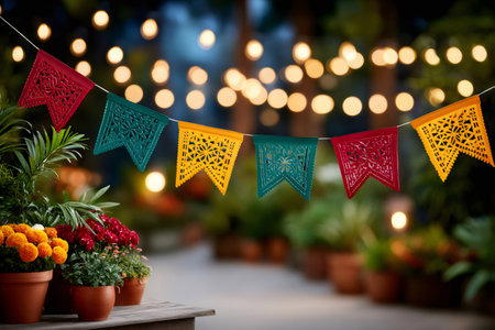 Banners decorating an outdoor space, with blurred lights and potted flowersの素材