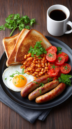 Hearty English breakfast featuring fried egg, sausages, beans, toast, tomatoes, and coffeeの素材