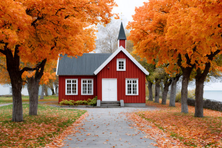 Red wooden church with a gray roof framed by vibrant orange autumn foliage and fallen leavesの素材