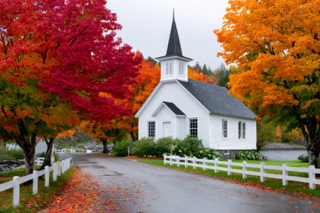 White church standing among vibrant fall colors and fallen leaves on a rural roadの素材