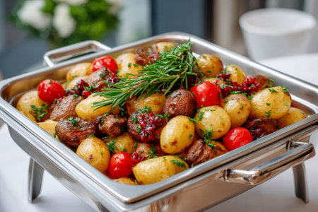 Roasted baby potatoes, cherry tomatoes, and rosemary served in a chafing dish for cateringの素材
