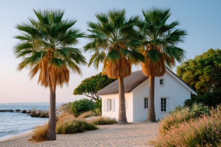Coastal cottage home with a thatched roof, fronting a sandy beach and calm seaの素材