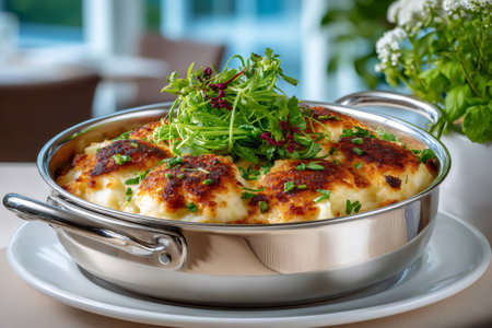 Mashed potato gratin served in a metal casserole dish, topped with fresh chives and greensの素材