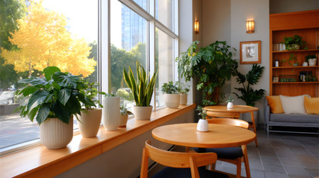 Empty tables inside a modern cafe, autumn trees visible through the windowの素材