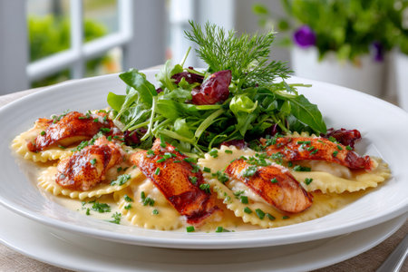 Lobster ravioli with a fresh green salad, dill garnish, and creamy sauce on a white plateの素材