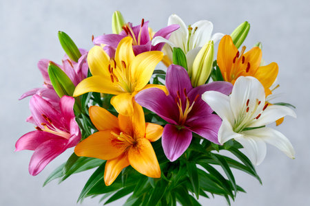 Lily flower bouquet presenting various vibrant colors of lilies, green leaves, and budsの素材