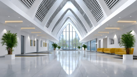 Modern corporate lobby interior featuring large atrium, yellow benches, potted plants, and elevatorsの素材