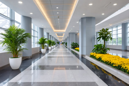 Long, empty modern hallway in an office or convention center with reflective floor, columns, and potted plantsの素材
