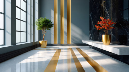 Contemporary hall featuring natural light, potted plants, and sleek marble and gold detailsの素材