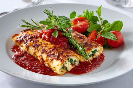 Italian cannelloni pasta filled with ricotta and spinach, served with rich tomato sauce and herbsの素材