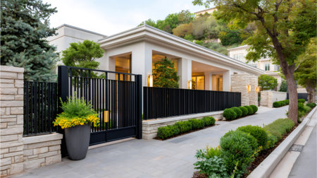 Upscale house facade showcasing contemporary architecture, landscape design, and private property protectionの素材