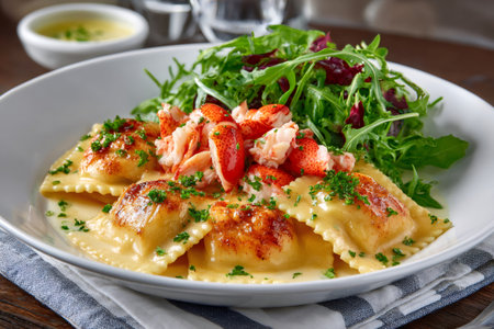 Lobster ravioli with tender meat pieces and fresh arugula salad, creating a gourmet seafood delicacyの素材