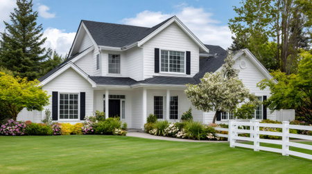 White suburban house featuring a manicured green lawn, garden landscaping, and a white fenceの素材