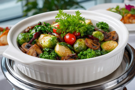 Roasted Brussels sprouts, kale, mushroom, and cherry tomato medley serving in a white casserole dishの素材