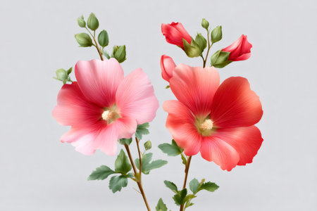 Hollyhock flowers, buds, and green leaves blooming on vertical stemsの素材