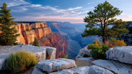 Grand Canyon landscape with colorful rock formations at sunset from a high viewpointの素材