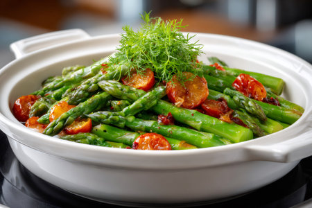 Cooked asparagus and cherry tomatoes in a white bowl ready to eatの素材