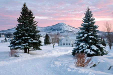 Rural winter scene featuring a white house, snowy mountain, and pine trees at sunriseの素材