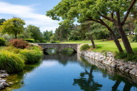 Stone arch bridge spanning a peaceful river in a green park with golf courseの素材