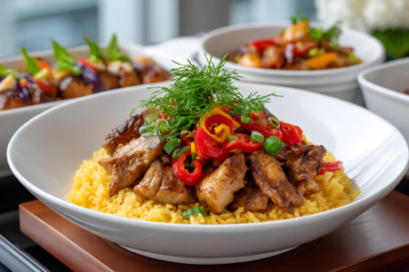 Chicken and seasoned rice meal topped with colorful peppers and fresh dillの素材