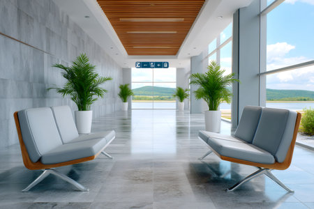 Airport waiting area featuring modern seating, large windows, and green plantsの素材